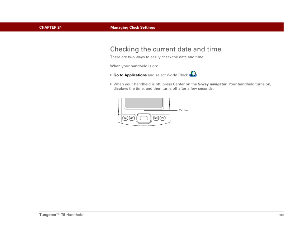 Checking the current date and time | Palm Tungsten T5 User Manual | Page 522 / 675