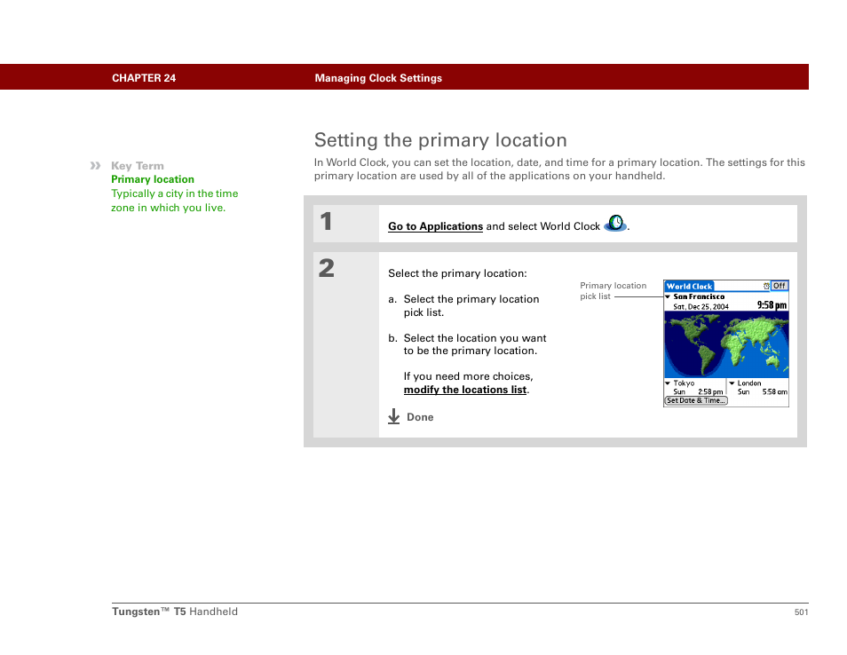 Setting the primary location | Palm Tungsten T5 User Manual | Page 523 / 675