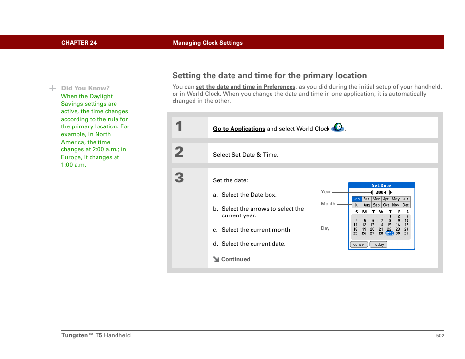 Setting the date and time for the primary location | Palm Tungsten T5 User Manual | Page 524 / 675