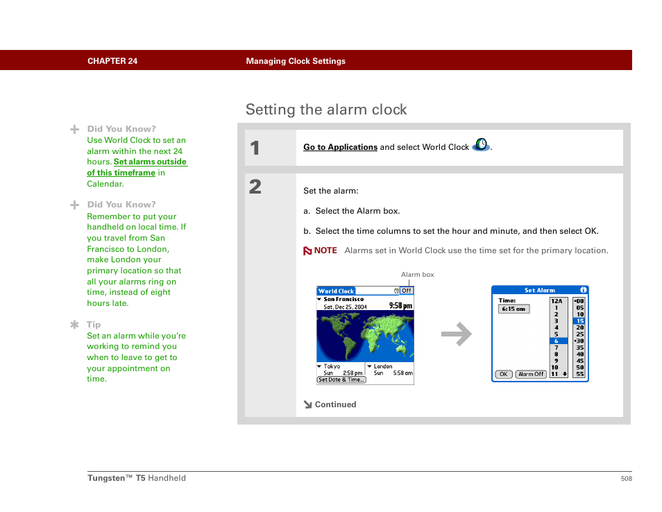 Setting the alarm clock | Palm Tungsten T5 User Manual | Page 530 / 675