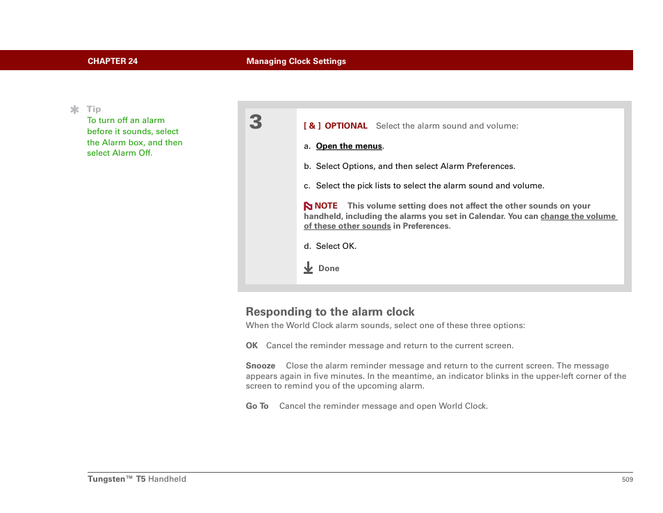 Responding to the alarm clock | Palm Tungsten T5 User Manual | Page 531 / 675