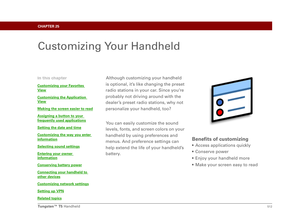 Customizing your handheld, Chapter 25: customizing your handheld, Customizing | Palm Tungsten T5 User Manual | Page 534 / 675