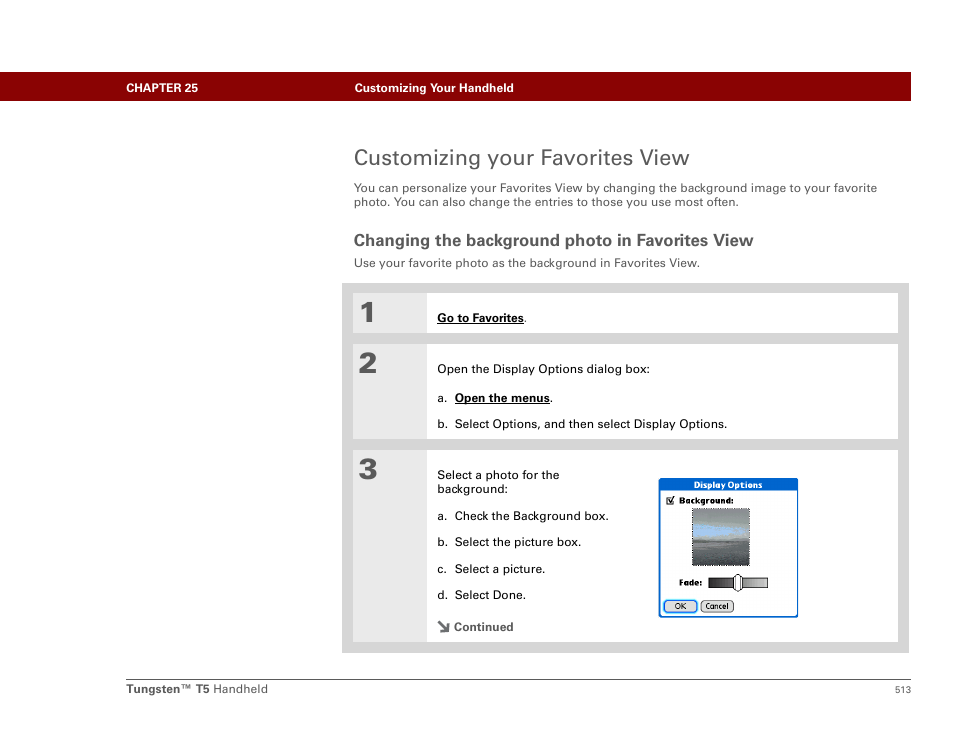 Customizing your favorites view, Changing the background photo in favorites view, N use a favorite photo as the background | Select, Photos as the background | Palm Tungsten T5 User Manual | Page 535 / 675