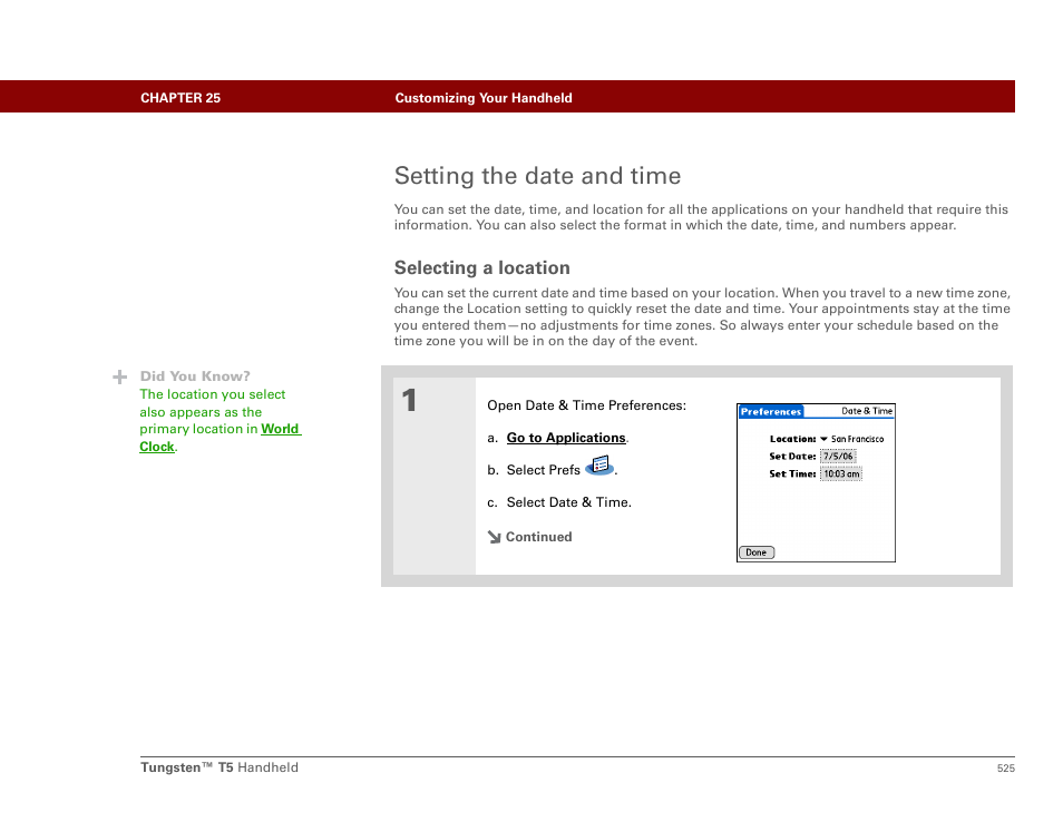 Setting the date and time, Selecting a location | Palm Tungsten T5 User Manual | Page 547 / 675