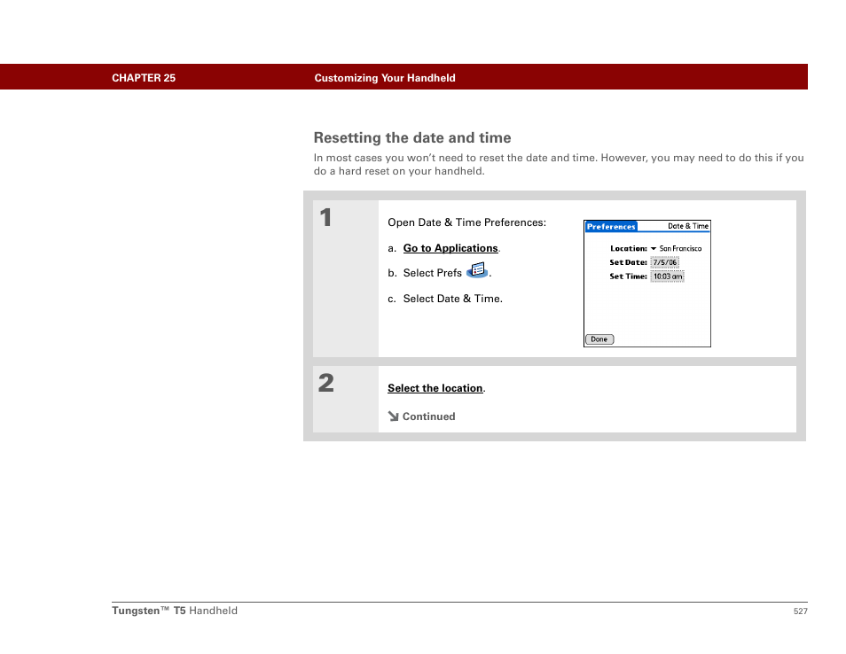 Resetting the date and time | Palm Tungsten T5 User Manual | Page 549 / 675