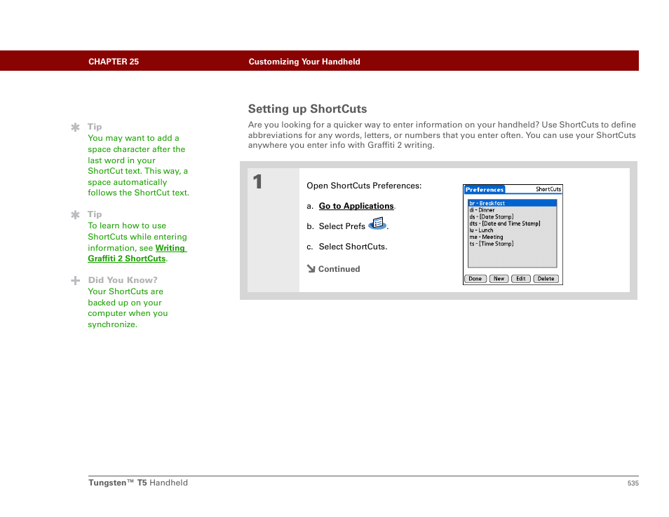 Setting up shortcuts | Palm Tungsten T5 User Manual | Page 557 / 675