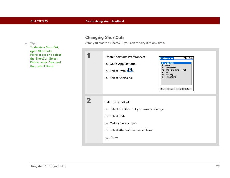 Changing shortcuts | Palm Tungsten T5 User Manual | Page 559 / 675