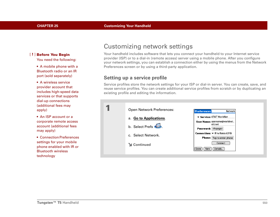 Customizing network settings, Setting up a service profile | Palm Tungsten T5 User Manual | Page 572 / 675