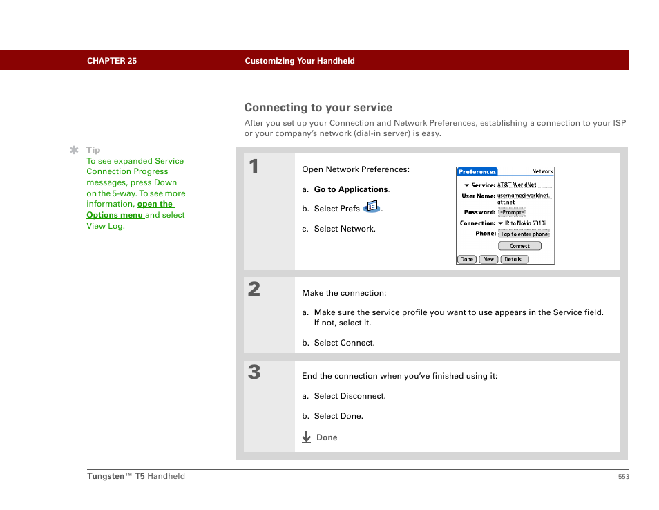 Connecting to your service | Palm Tungsten T5 User Manual | Page 575 / 675