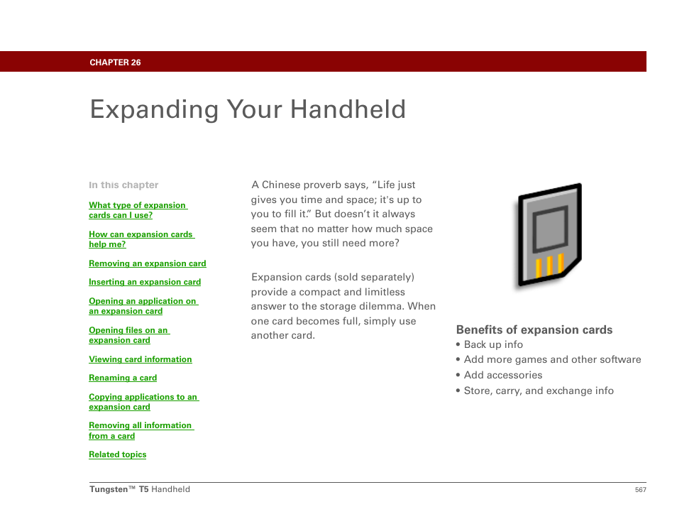 Expanding your handheld, Chapter 26: expanding your handheld, Expansion card | Expansion card inser, Expansion | Palm Tungsten T5 User Manual | Page 589 / 675