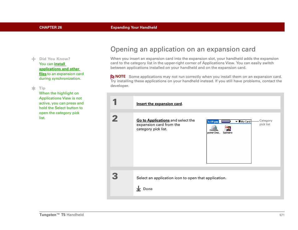 Opening an application on an expansion card | Palm Tungsten T5 User Manual | Page 593 / 675