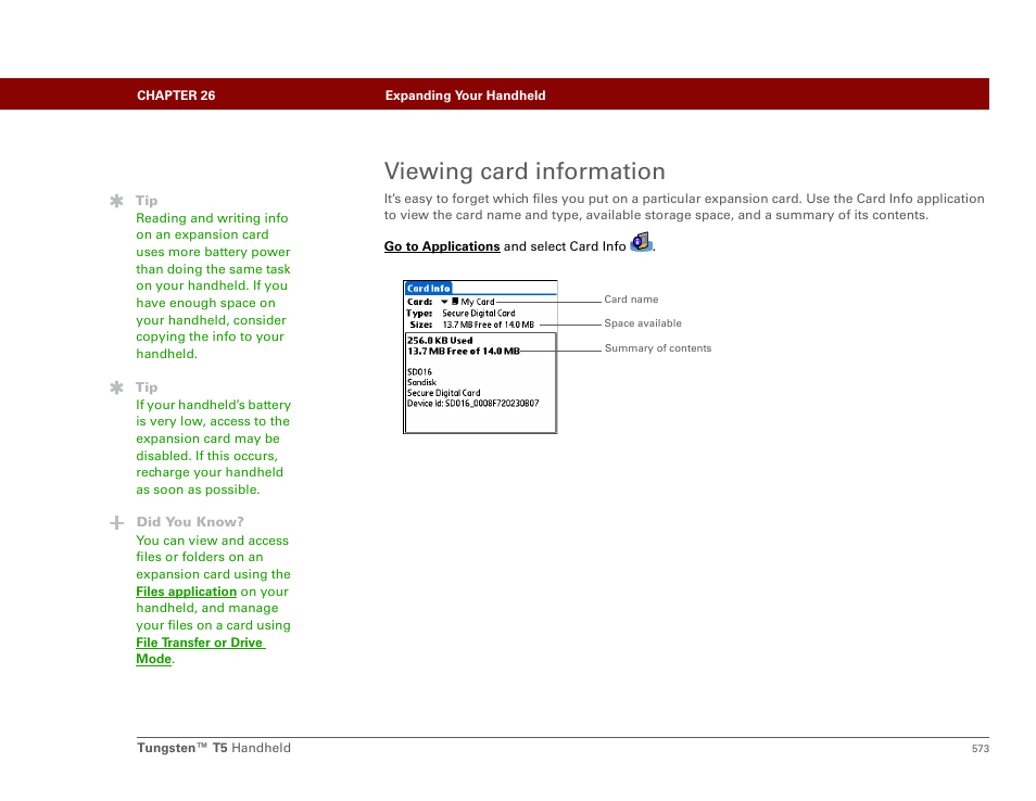 Viewing card information, Minimize use of the expansion slot | Palm Tungsten T5 User Manual | Page 595 / 675