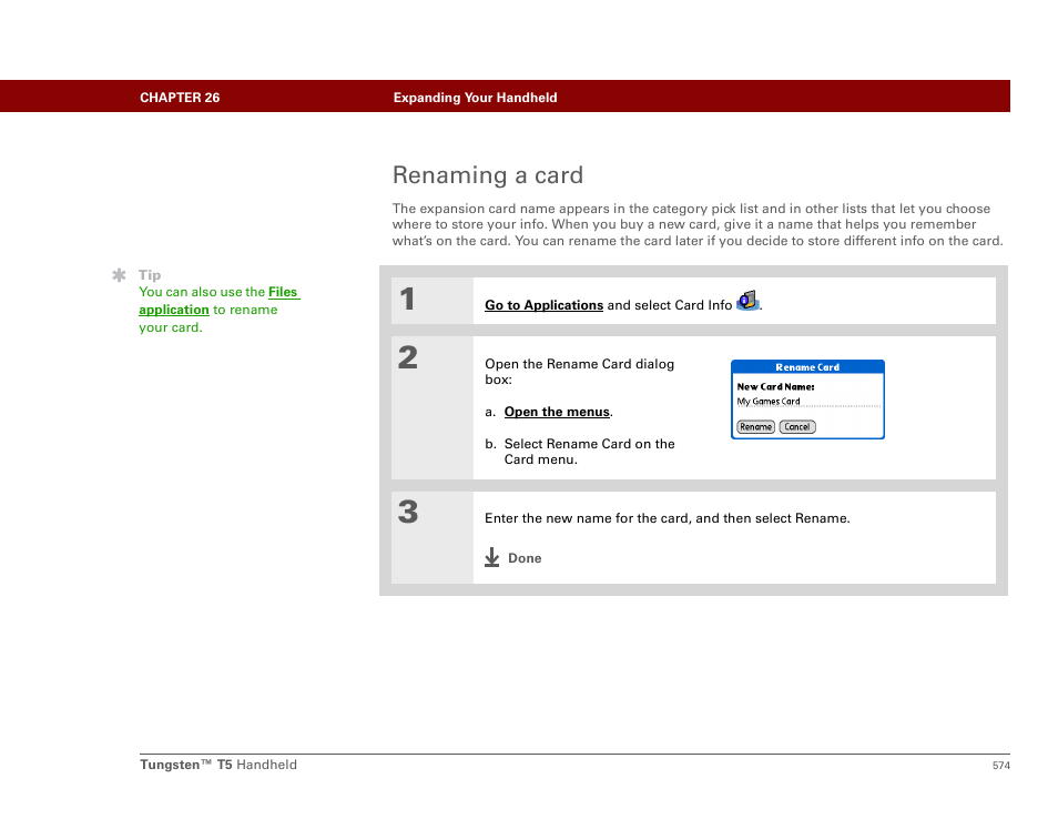 Renaming a card | Palm Tungsten T5 User Manual | Page 596 / 675