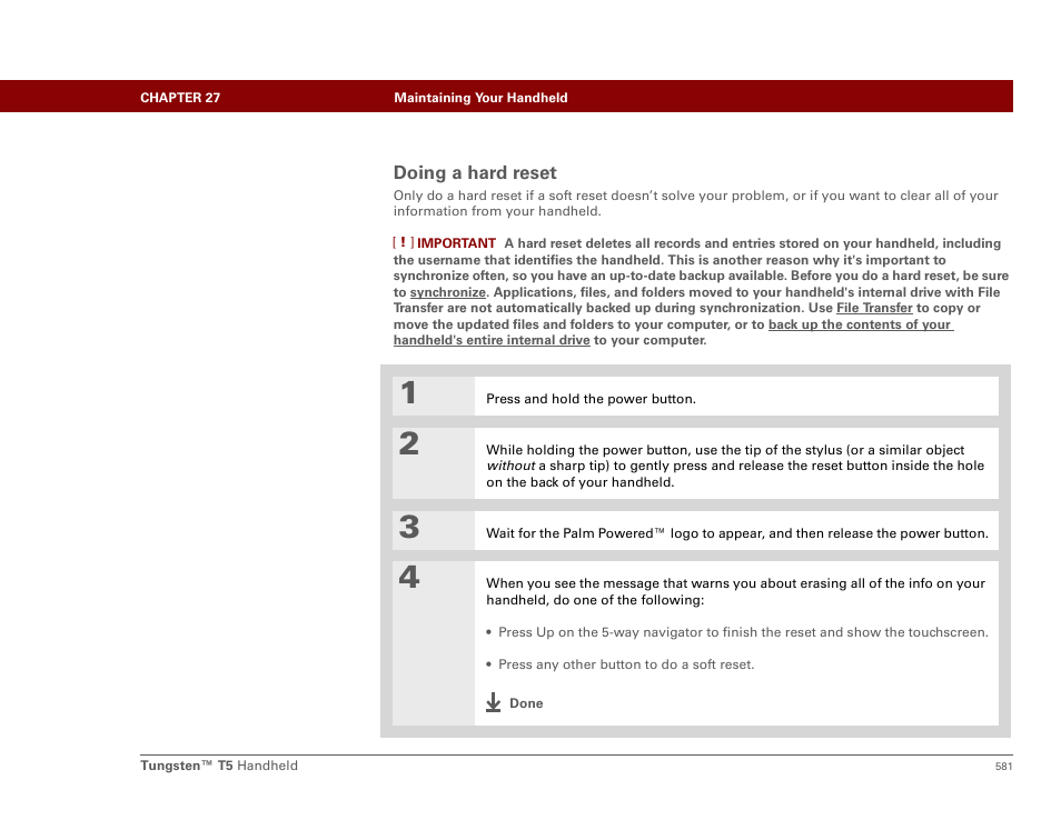 Doing a hard reset, Hard reset, Intaining | Palm Tungsten T5 User Manual | Page 603 / 675