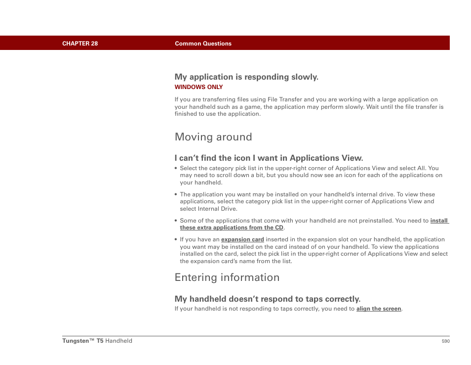 Moving around, Entering information, Moving around entering information | Palm Tungsten T5 User Manual | Page 612 / 675