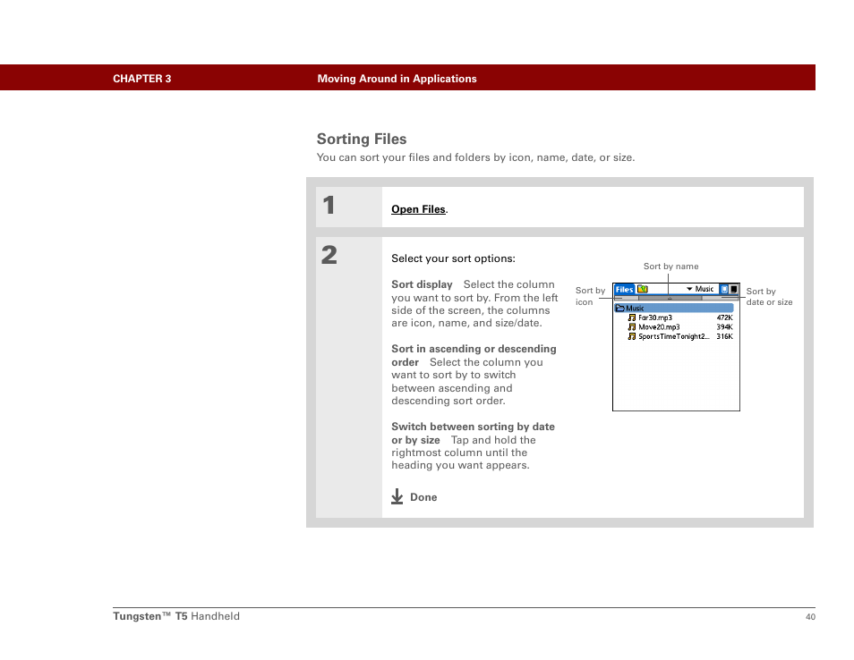 Sorting files | Palm Tungsten T5 User Manual | Page 62 / 675