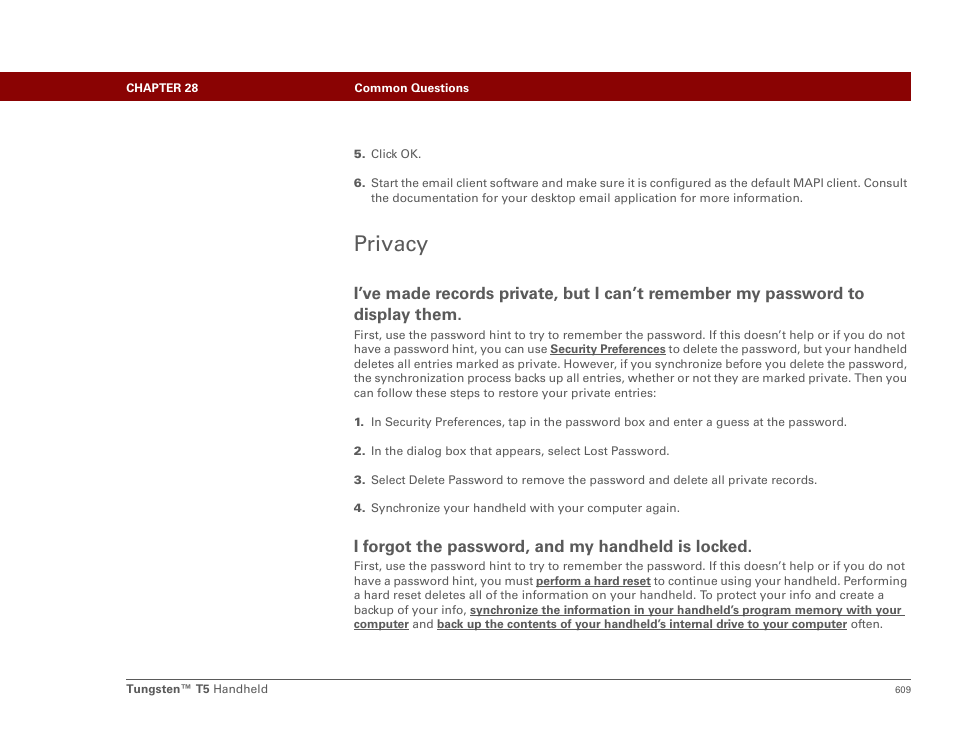 Privacy, I forgot the password, and my handheld is locked | Palm Tungsten T5 User Manual | Page 631 / 675