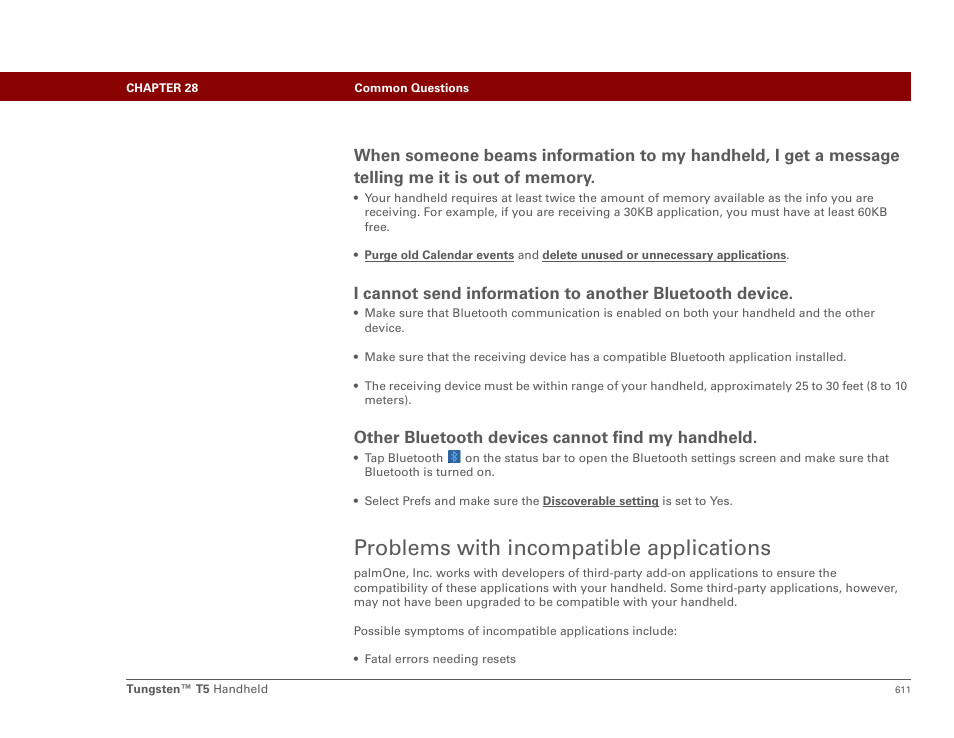 Problems with incompatible applications, Incompatible applications, Other bluetooth devices cannot find my handheld | Palm Tungsten T5 User Manual | Page 633 / 675