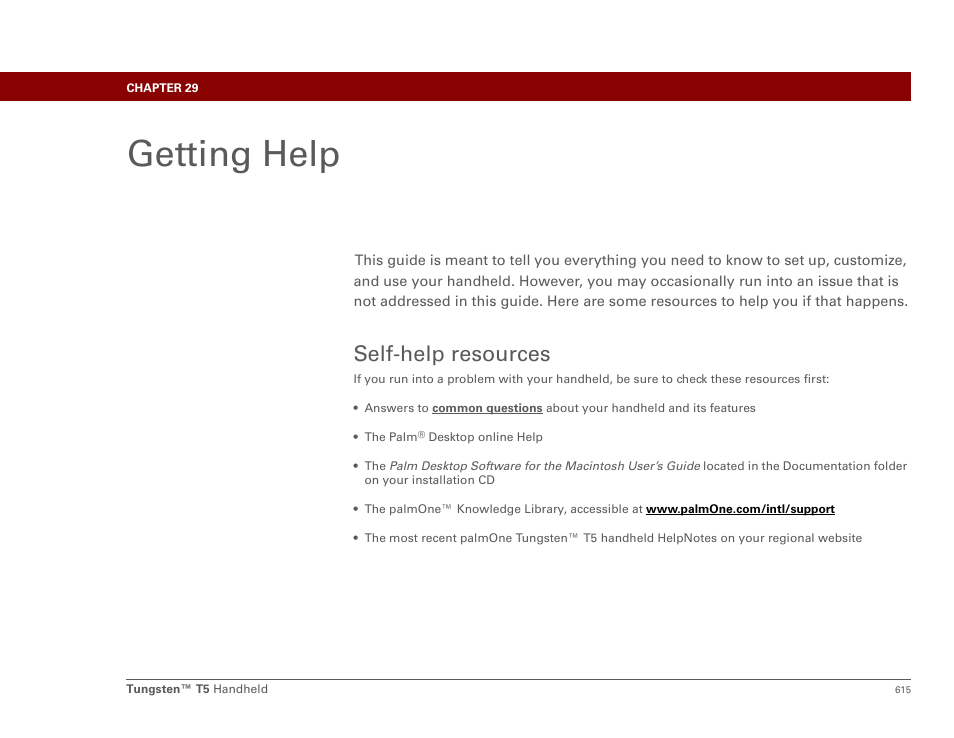 Getting help, Self-help resources, Chapter 29: getting help | Palm Tungsten T5 User Manual | Page 637 / 675