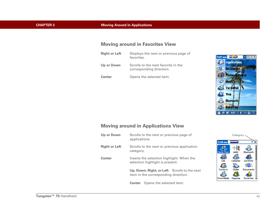 Moving around in favorites view, Moving around in applications view | Palm Tungsten T5 User Manual | Page 64 / 675