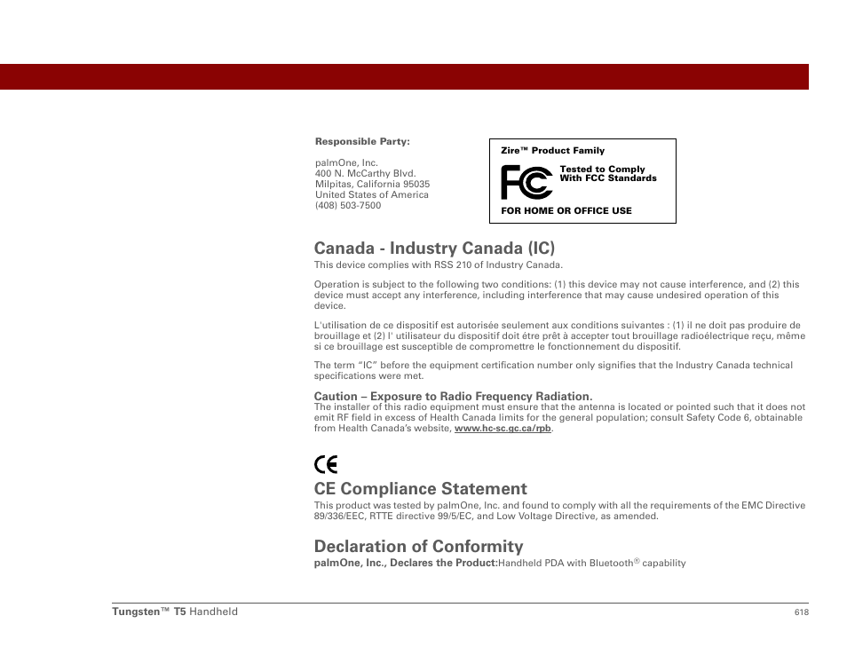 Canada - industry canada (ic), Ce compliance statement, Declaration of conformity | Palm Tungsten T5 User Manual | Page 640 / 675