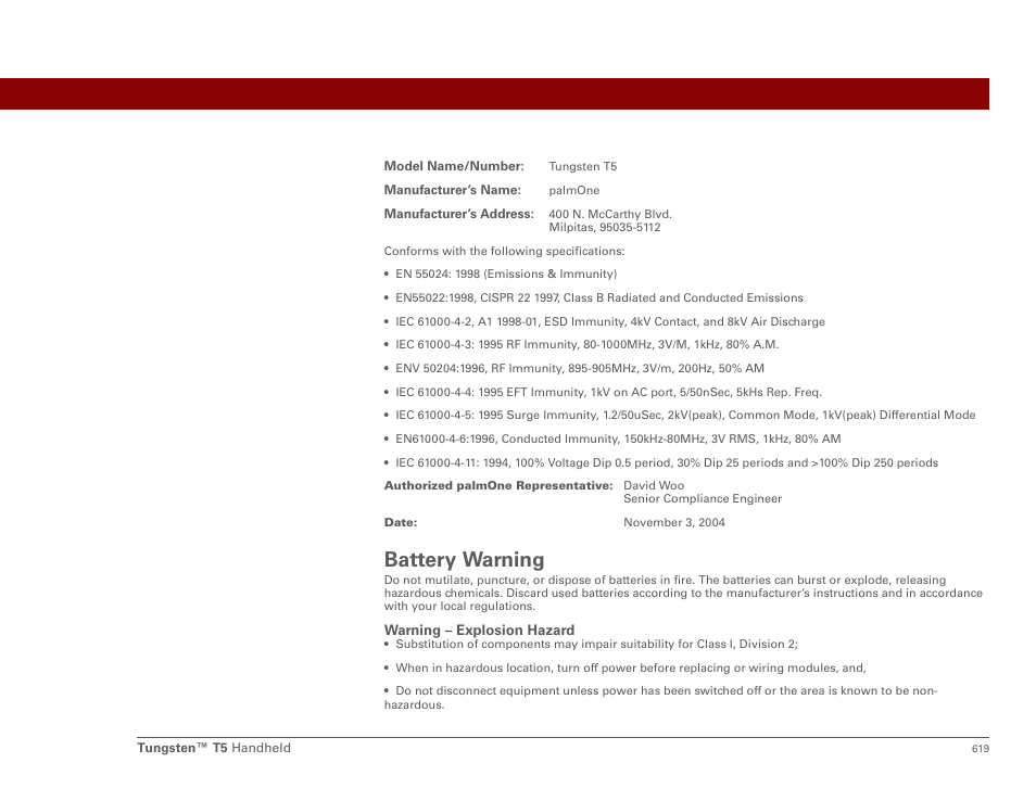 Battery warning | Palm Tungsten T5 User Manual | Page 641 / 675