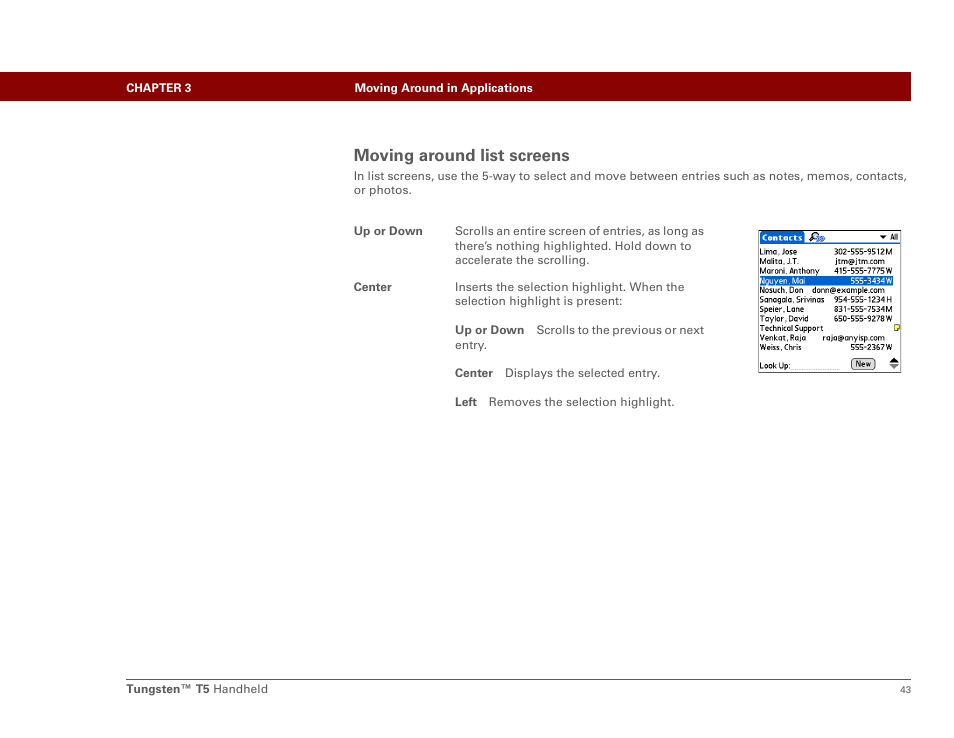 Moving around list screens | Palm Tungsten T5 User Manual | Page 65 / 675