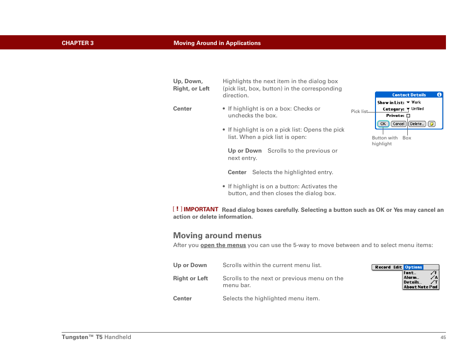 Moving around menus | Palm Tungsten T5 User Manual | Page 67 / 675