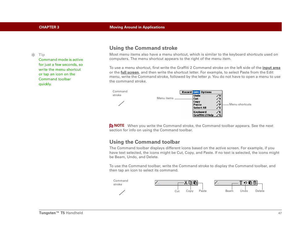 Using the command stroke, Using the command toolbar, Using the command stroke using the command toolbar | Palm Tungsten T5 User Manual | Page 69 / 675
