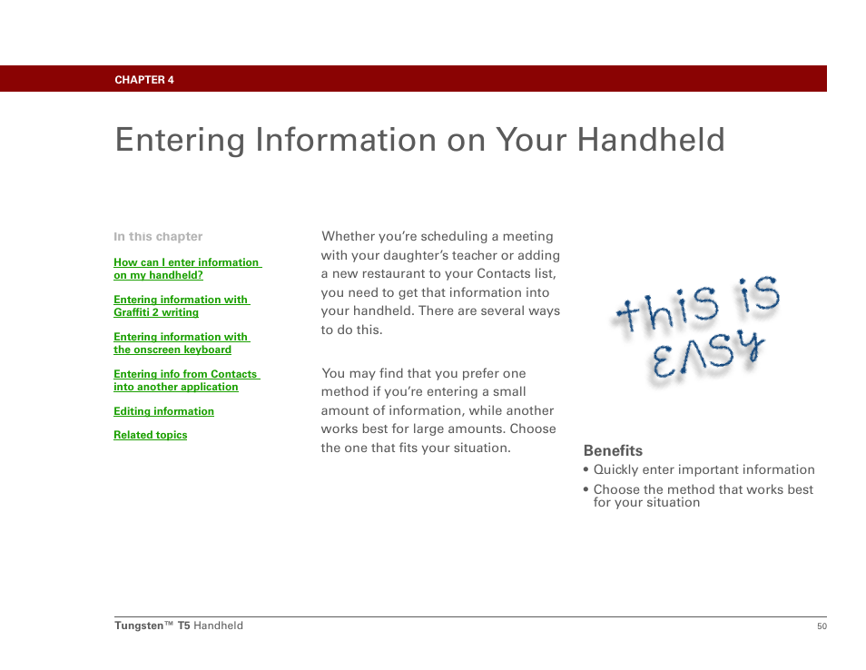 Entering information on your handheld, Chapter 4: entering information on your handheld, Entering information | Palm Tungsten T5 User Manual | Page 72 / 675