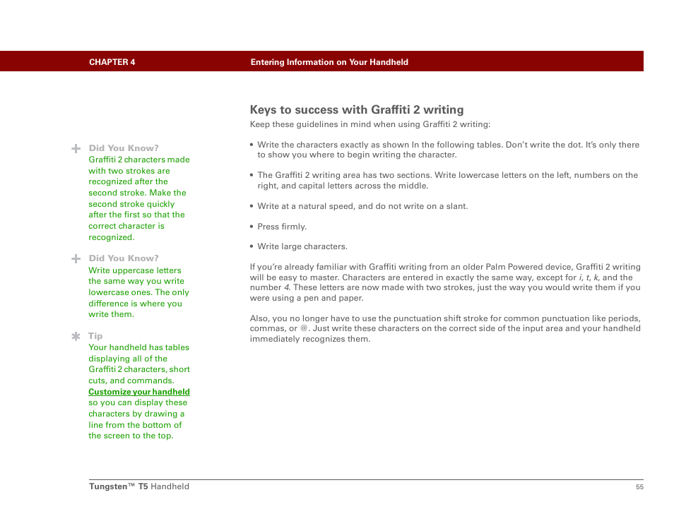 Keys to success with graffiti 2 writing | Palm Tungsten T5 User Manual | Page 77 / 675