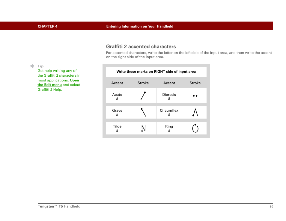 Graffiti 2 accented characters | Palm Tungsten T5 User Manual | Page 82 / 675