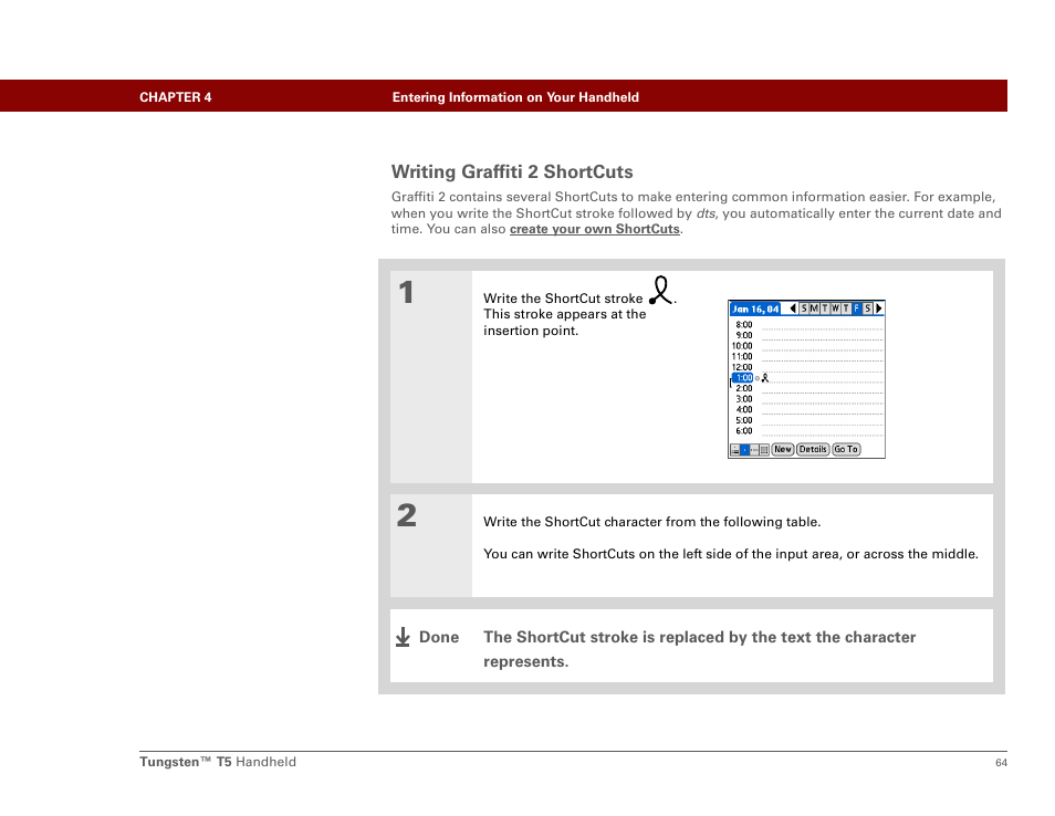 Writing graffiti 2 shortcuts | Palm Tungsten T5 User Manual | Page 86 / 675