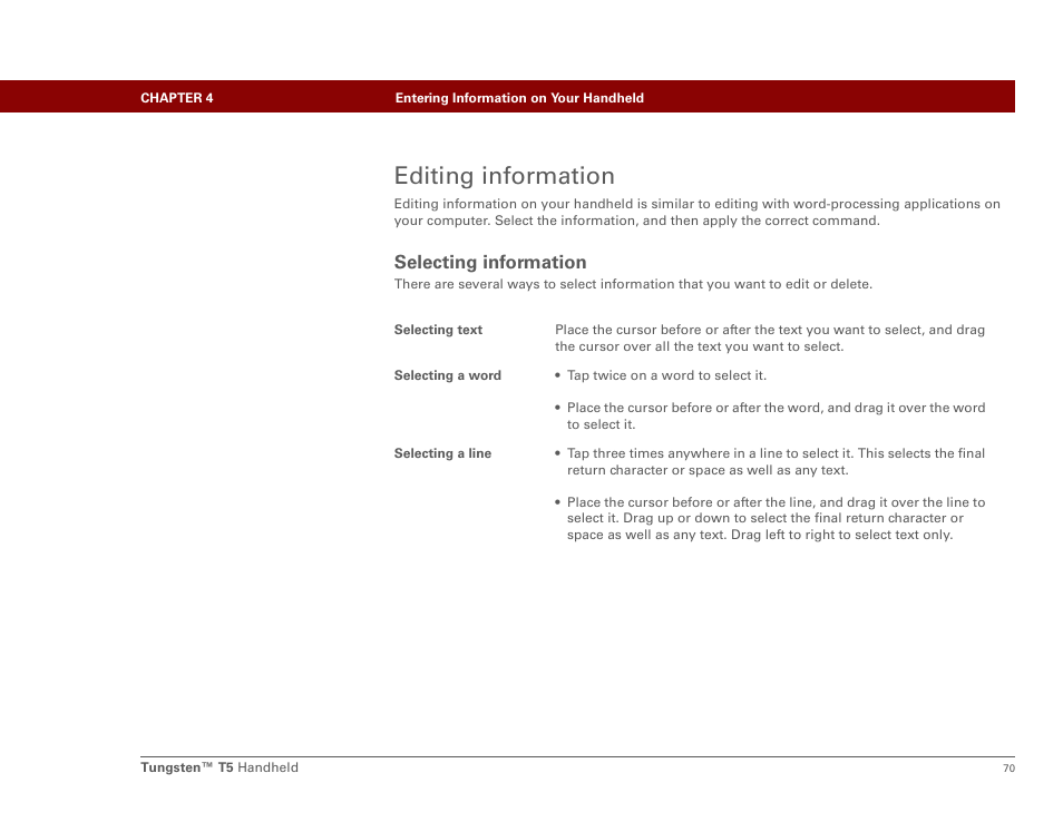 Editing information, Selecting information | Palm Tungsten T5 User Manual | Page 92 / 675