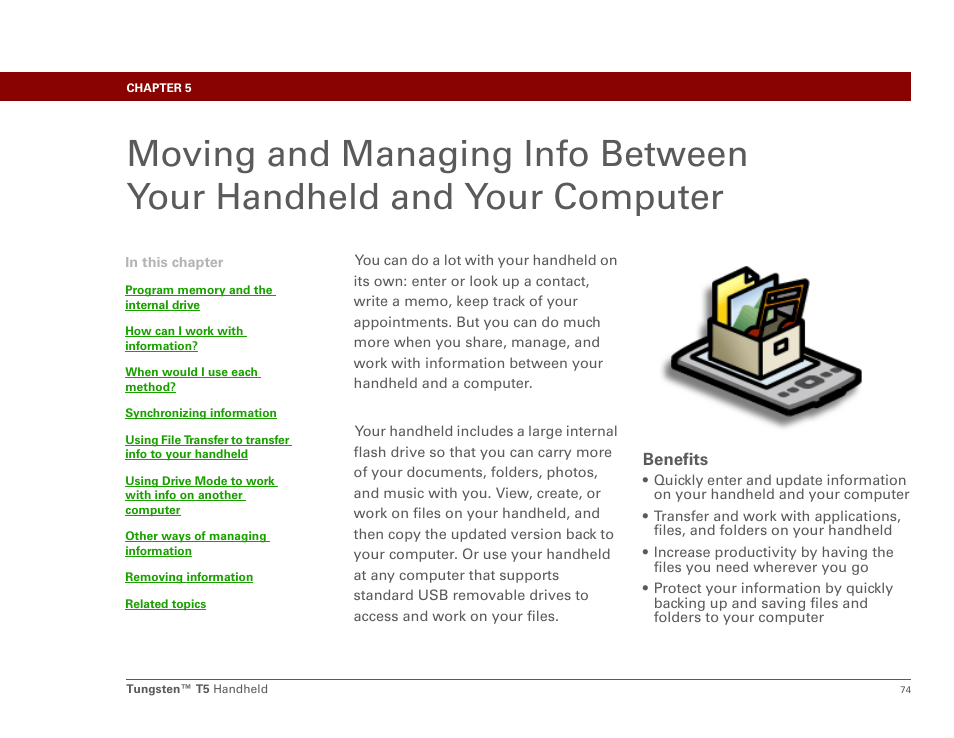 Managing info, Move and manage the | Palm Tungsten T5 User Manual | Page 96 / 675