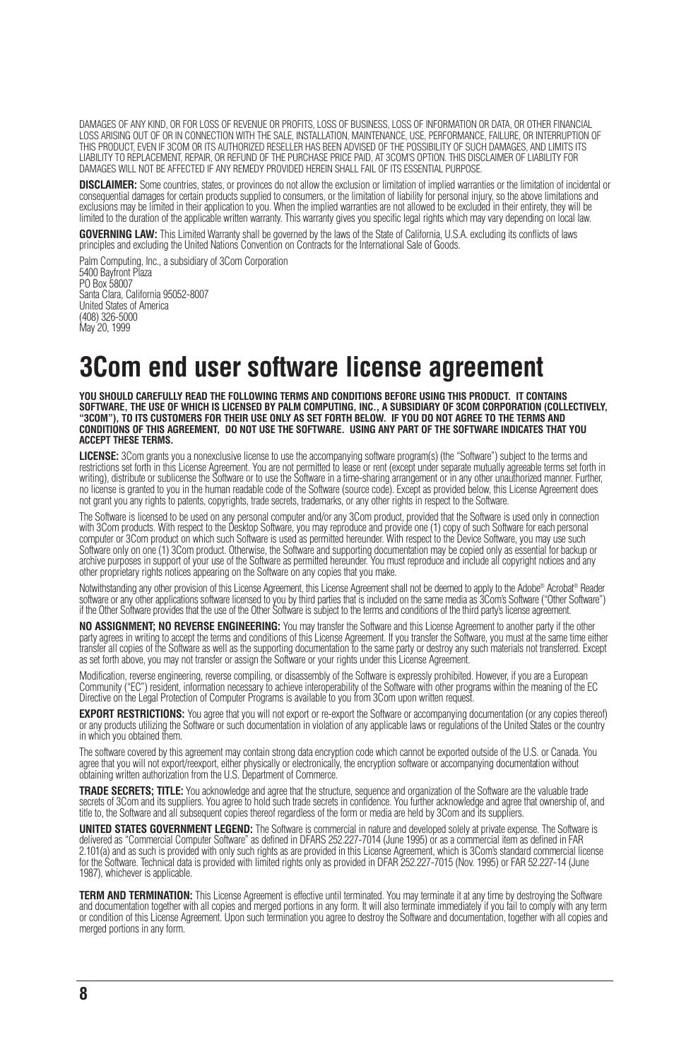 3com end user software license agreement | Palm CONNECT User Manual | Page 10 / 52