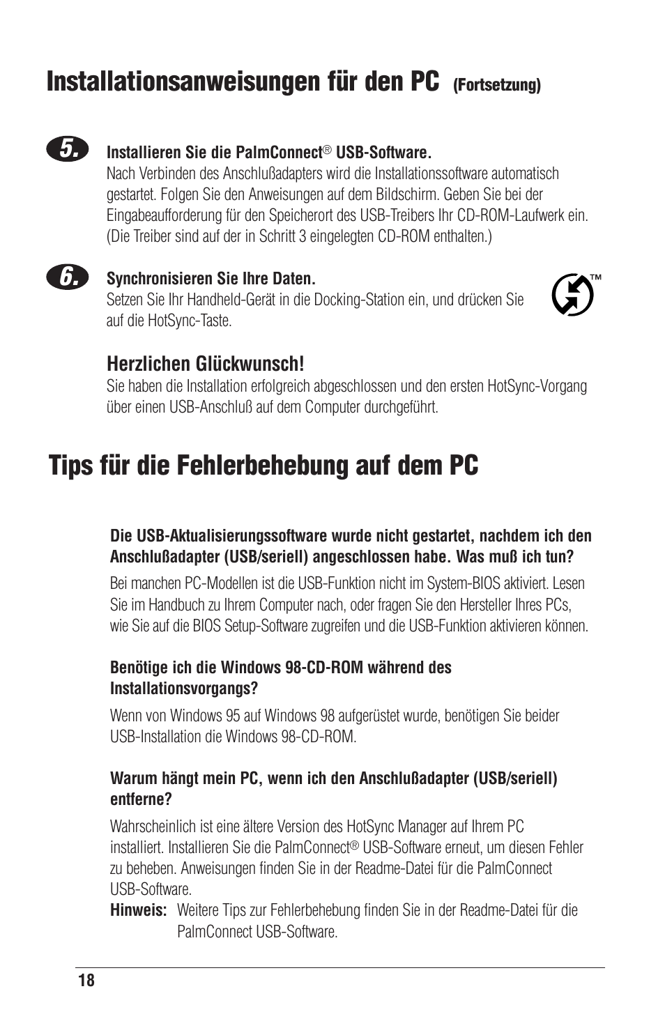 Installationsanweisungen für den pc, Tips für die fehlerbehebung auf dem pc | Palm CONNECT User Manual | Page 18 / 52