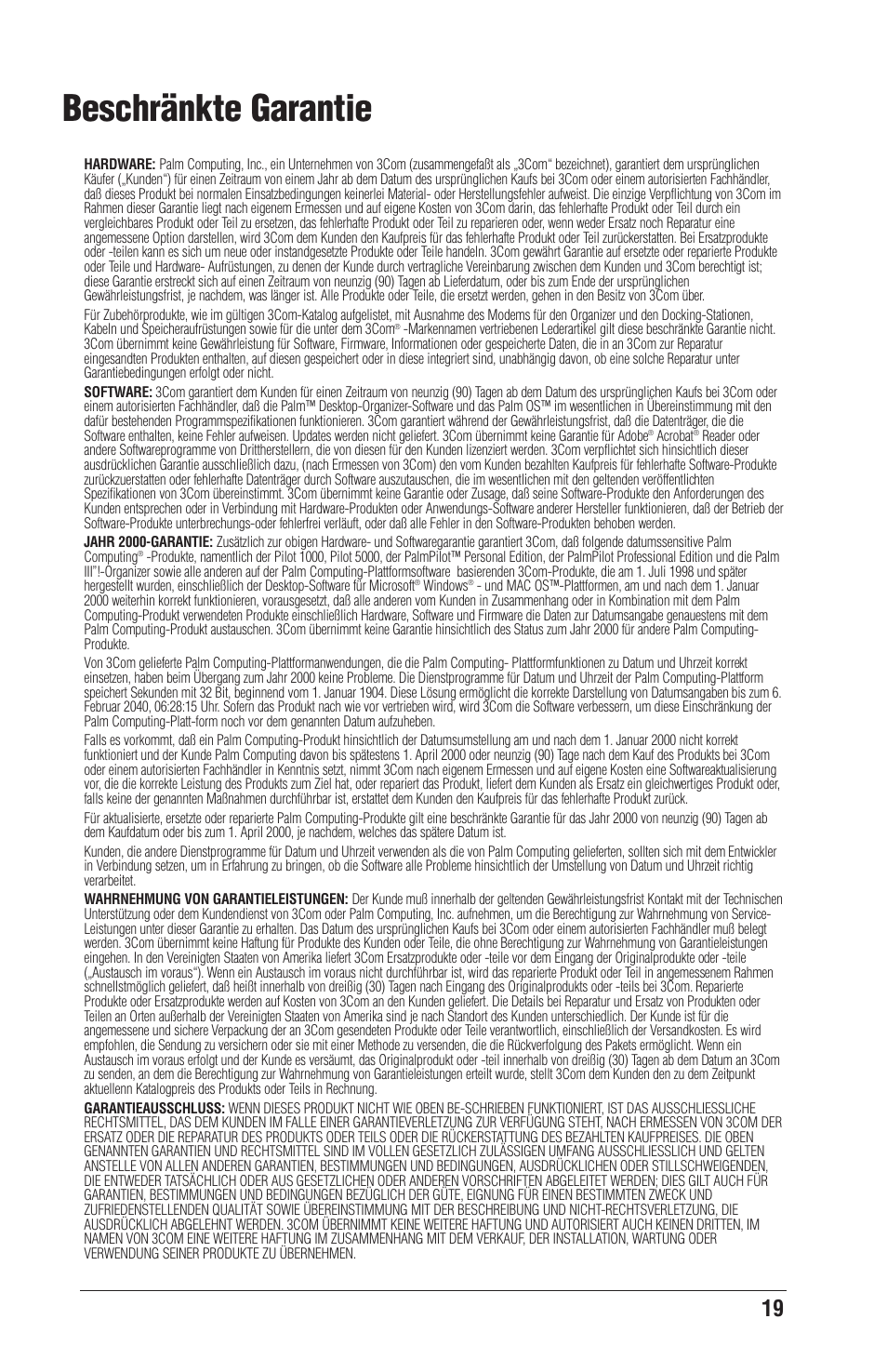 Beschränkte garantie | Palm CONNECT User Manual | Page 19 / 52