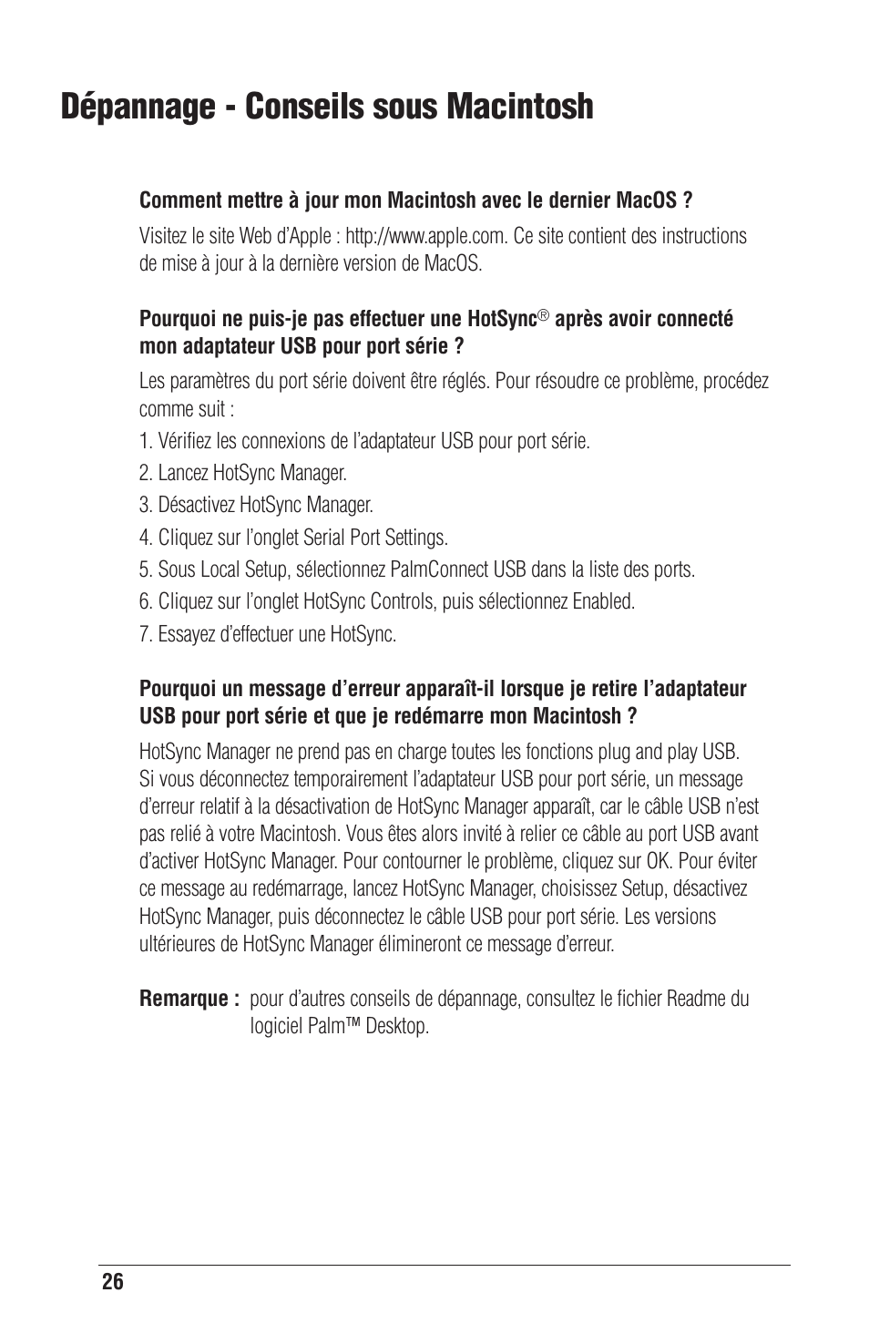 Dépannage - conseils sous macintosh | Palm CONNECT User Manual | Page 26 / 52