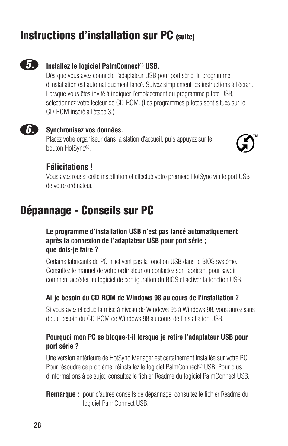 Dépannage - conseils sur pc, Instructions d’installation sur pc | Palm CONNECT User Manual | Page 28 / 52