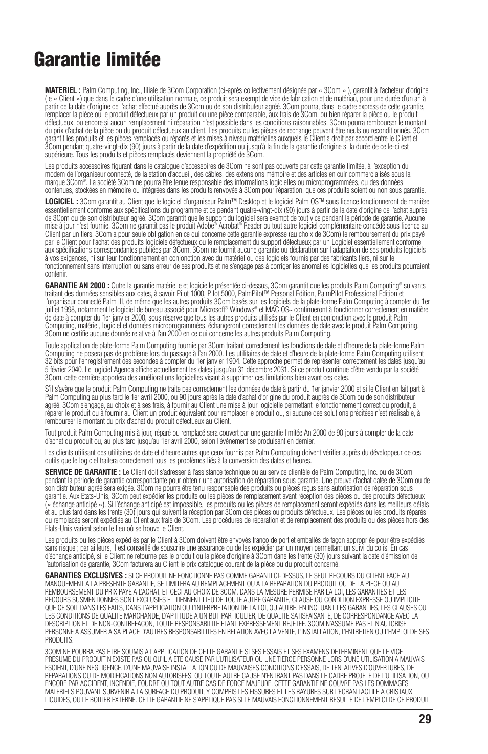 Garantie limitée | Palm CONNECT User Manual | Page 29 / 52