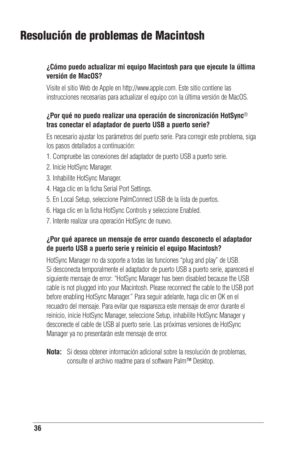 Resolución de problemas de macintosh | Palm CONNECT User Manual | Page 36 / 52