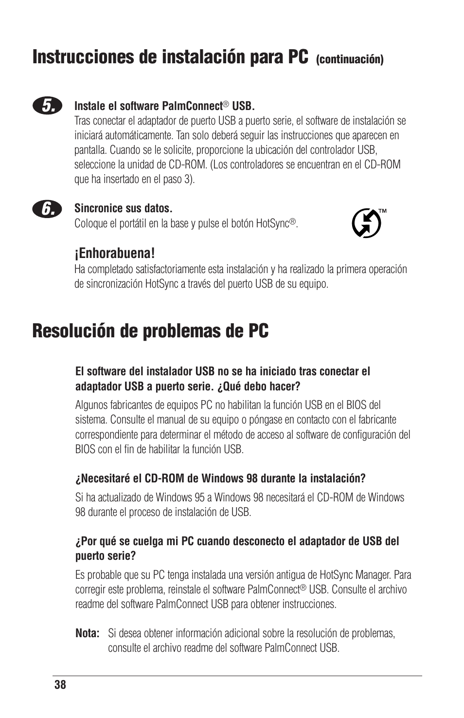 Resolución de problemas de pc, Instrucciones de instalación para pc | Palm CONNECT User Manual | Page 38 / 52