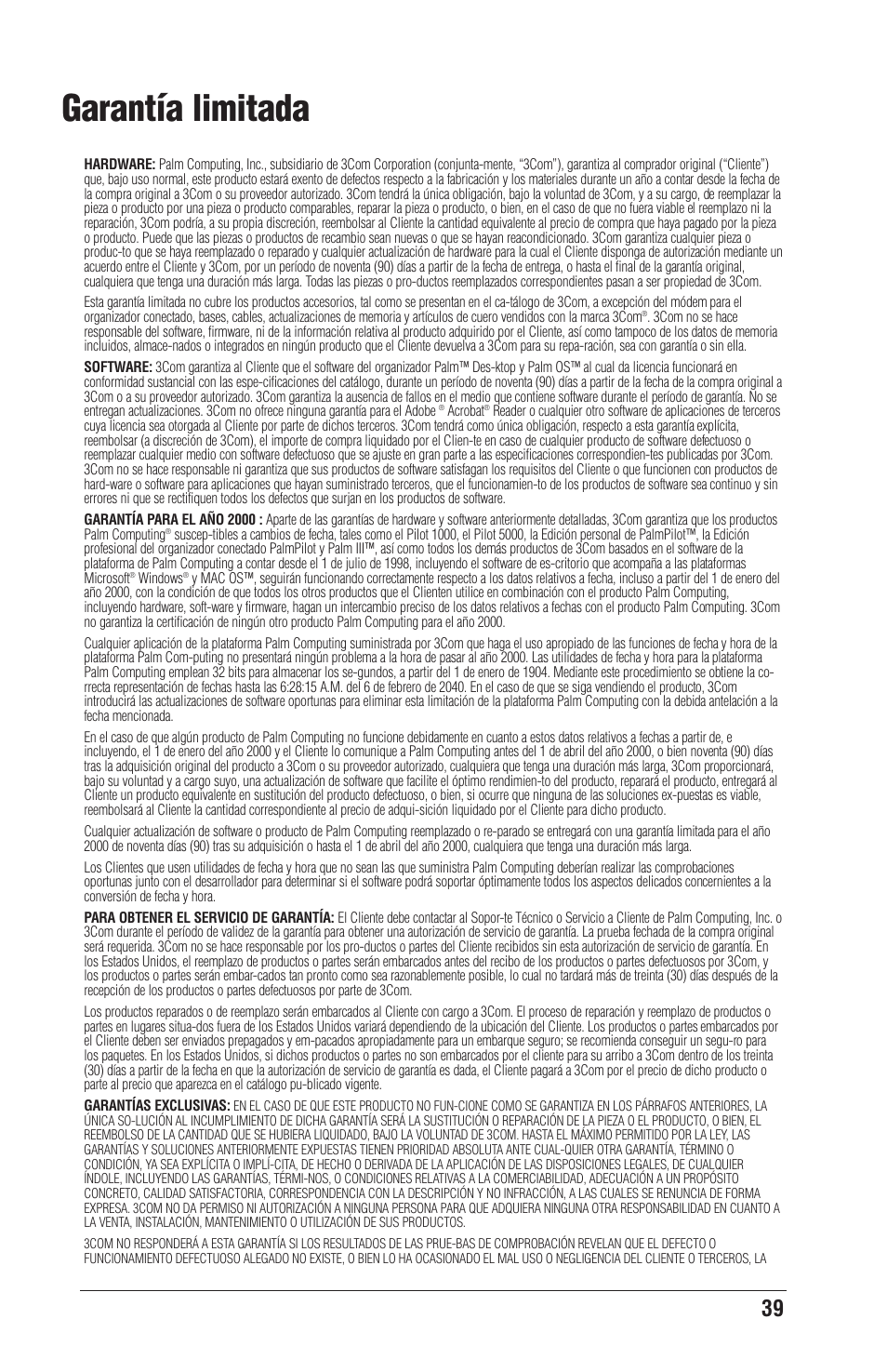 Garantía limitada | Palm CONNECT User Manual | Page 39 / 52