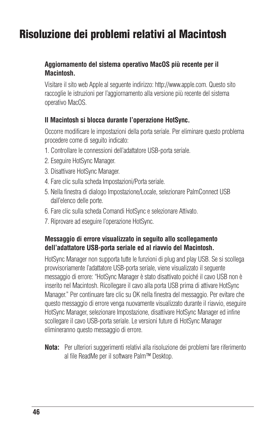 Risoluzione dei problemi relativi al macintosh | Palm CONNECT User Manual | Page 46 / 52