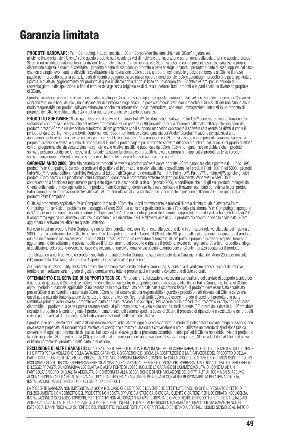 Garanzia limitata | Palm CONNECT User Manual | Page 49 / 52