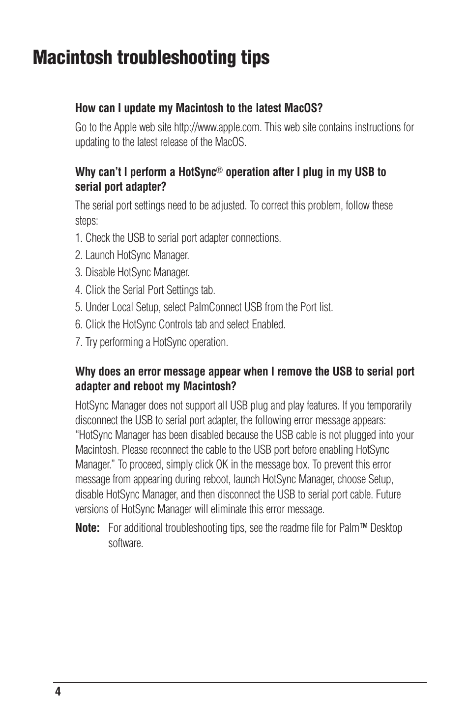 Macintosh troubleshooting tips | Palm CONNECT User Manual | Page 6 / 52