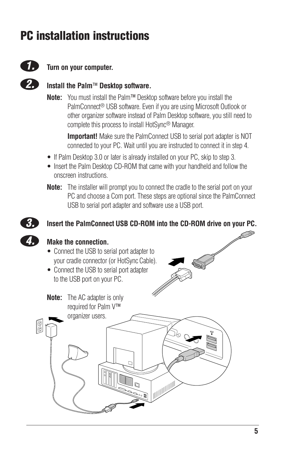 Pc installation instructions | Palm CONNECT User Manual | Page 7 / 52