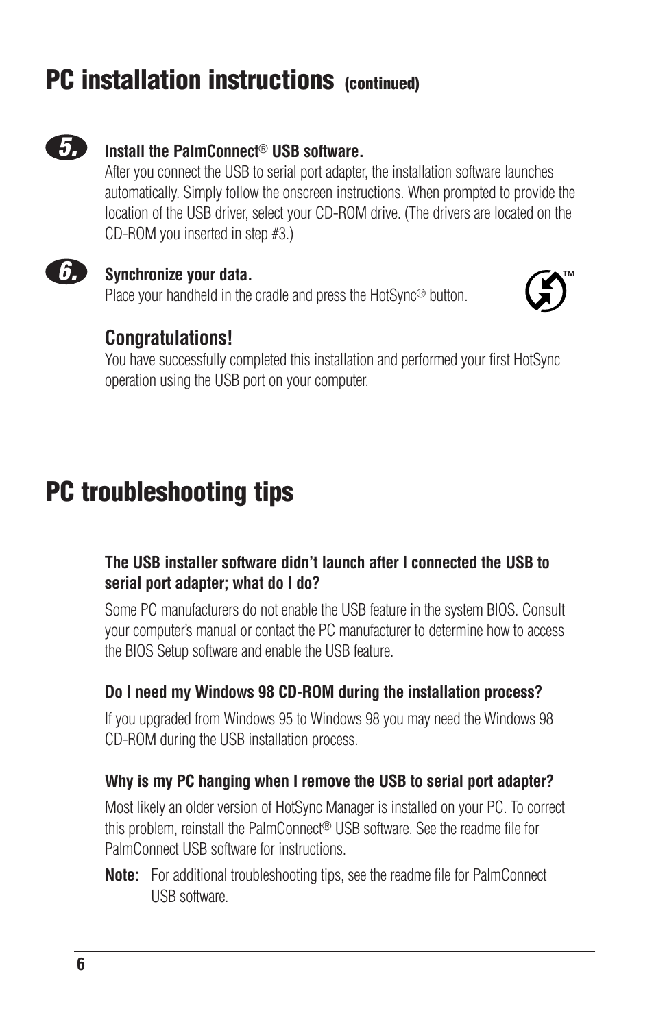 Pc troubleshooting tips, Pc installation instructions | Palm CONNECT User Manual | Page 8 / 52