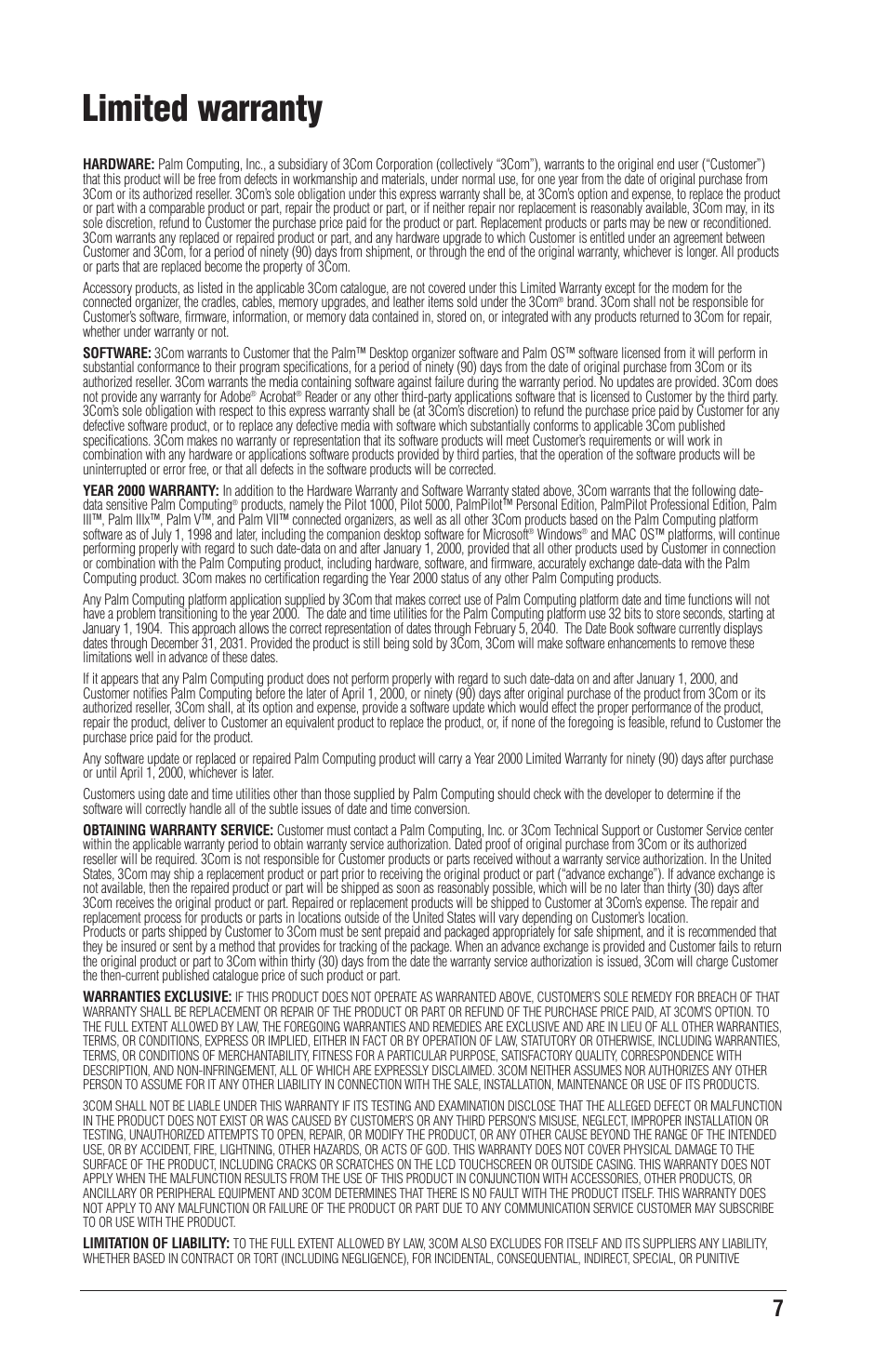 Limited warranty | Palm CONNECT User Manual | Page 9 / 52